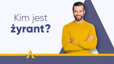 Uśmiechnięty mężczyzna w żółtym swetrze z założonymi rękami obok napisu "Kim jest żyrant?"